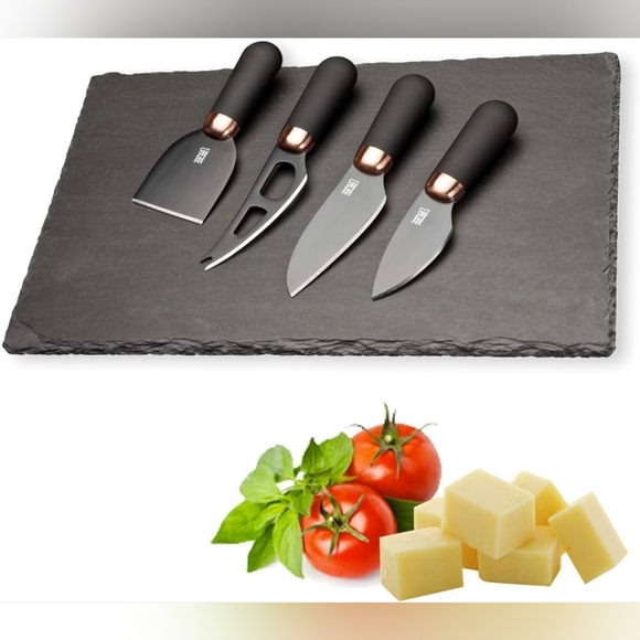 Taylors Eye Witness Brooklyn Brass 4 Piece Cheese Knife & Slate Cheese Board Set - Picture 1 of 3